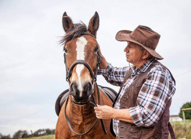 istock mature cowboy with brown horse 1135524565