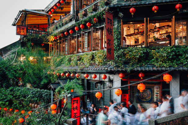 Jiufen, Taiwan - November 7, 2018: A night view of the famous old teahouse decorated with Chinese lanterns, Jiufen Old Street, Taiwan on November 07 2018.