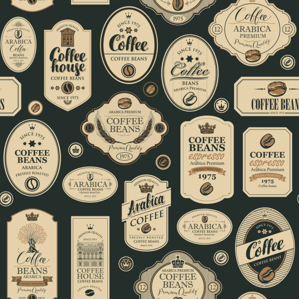 illustrazioni stock, clip art, cartoni animati e icone di tendenza di modello vettoriale senza cuciture con varie etichette di caffè - black coffee drink chocolate coffee