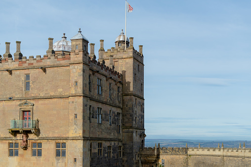 Close up view of the main keep of Bolsover Castle, South Yorkshire, UK in Autumn 2018