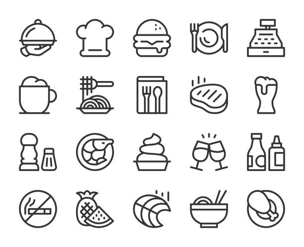 ilustraciones, imágenes clip art, dibujos animados e iconos de stock de iconos de la línea de restaurantes - shrimp cocktail