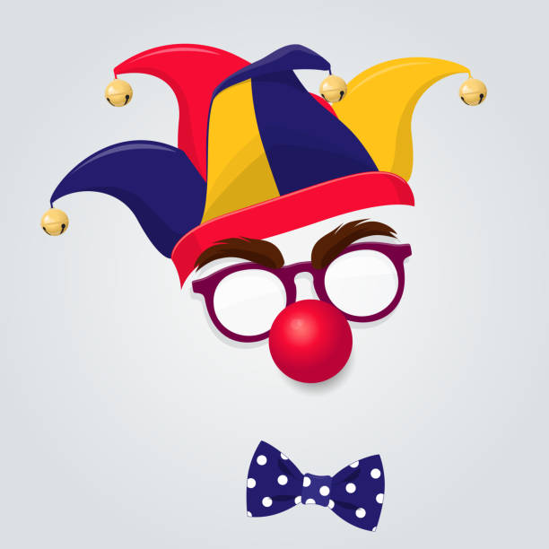 Jester hat with clown glasses and red nose Funny Clown accessories. Colored jester hat with clown glasses, red nose and bow tie on white background. Vector illustration of April Fools Day and Carnival clown stock illustrations