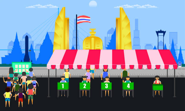 istock thailand people voting at voting station. find self-name and making choice behide green booth then put paper in the box. vector illustraion eps10 1135529811