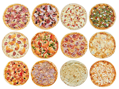 Big set of different pizzas: Ham with mushrooms, Barbecue, Peperoni's, Mexican, Chicken, Meat, Italian, Florentina, Bonanza, Margarita, Marinera, Hawaiian, Isolated on white background. Top view