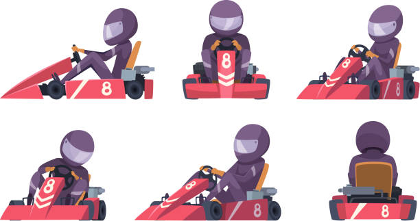 illustrazioni stock, clip art, cartoni animati e icone di tendenza di auto karting. street speed racers competizione sport automobile go kart sfondo sfondo cartone animato - go carting