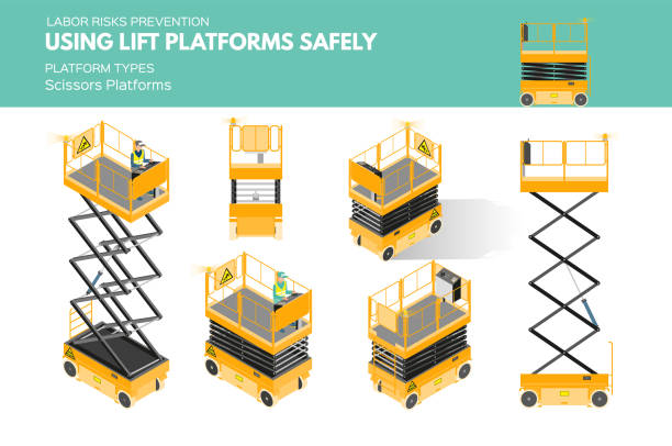 ilustraciones, imágenes clip art, dibujos animados e iconos de stock de plataformas de tijeras isométricas - hydraulic platform illustrations