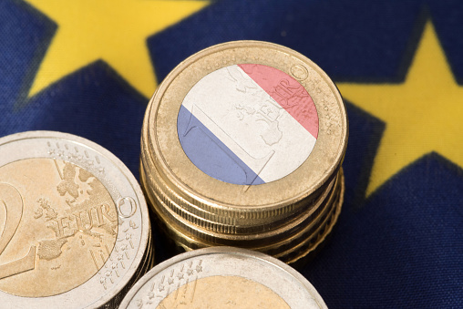 Flag of France and the European Union EU and euro coins