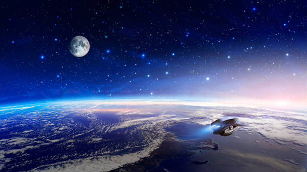 istock Space scene. Colorful nebula with earth planet, moon and spaceship. https://eoimages.gsfc.nasa.gov/images/imagerecords/92000/92104/ISS054-E-44629_lrg.jpg https://moon.nasa.gov/resources/77/the-near-side-of-the-moon/ 1135537967