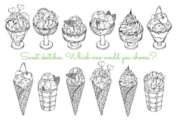 Vector illustration of Sketches of different kinds of ice cream.