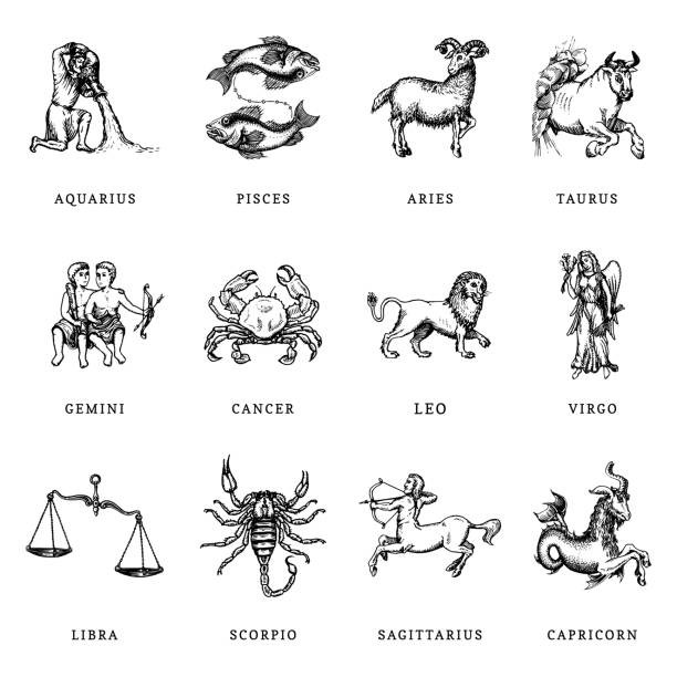 ilustrações, clipart, desenhos animados e ícones de jogo de símbolos do zodíaco, mão desenhada no estilo da gravura. ilustração retro gráfica do vetor de sinais astrológicos. - computer icon fortune telling symbol astrology sign