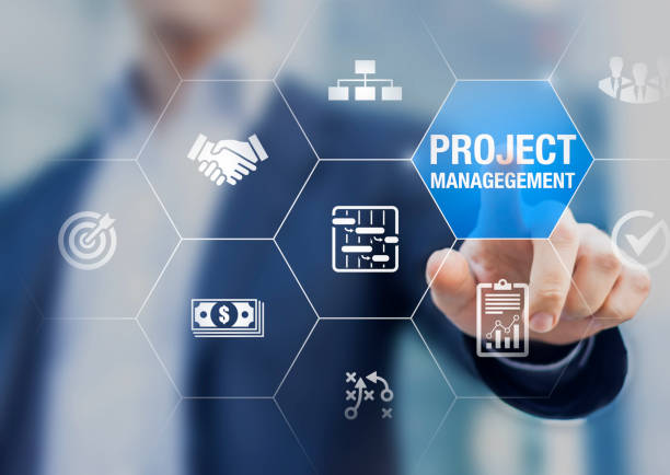 istock Project management with icons about planning tasks and milestones on schedule, cost management, monitoring of progress, resource, risk, deliverables and contract, business concept 1135541613