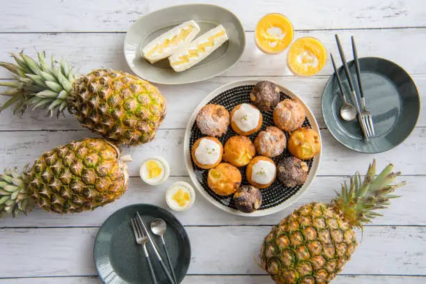 Photo of fruits sandwich, muffin and smoothie with fresh fruits