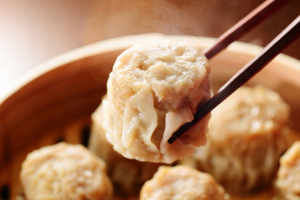 dumpling de carne al vapor - shumai fotografías e imágenes de stock