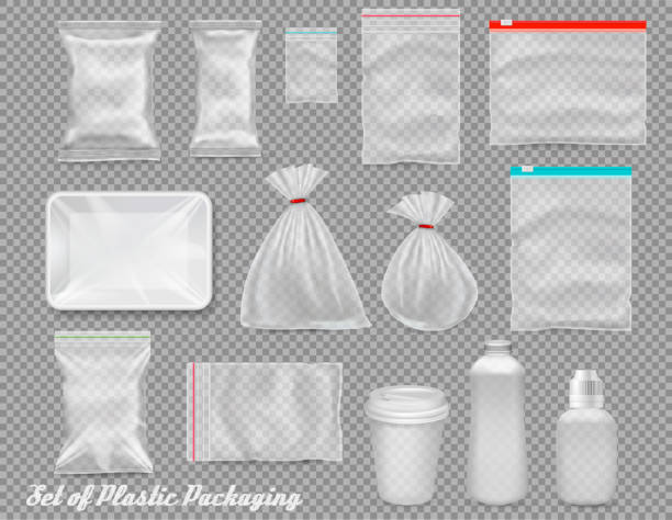 großes set von polypropylen-kunststoffverpackungen-säcke, tablett, tasse auf transparentem hintergrund. vektorabbildung - plastiktüte stock-grafiken, -clipart, -cartoons und -symbole