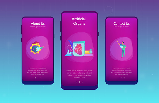 Scientists growing big heart in test tube in laboratory. Lab-grown organs, bioartificial organs and artificial organ concept on white background. Mobile UI UX GUI template, app interface wireframe