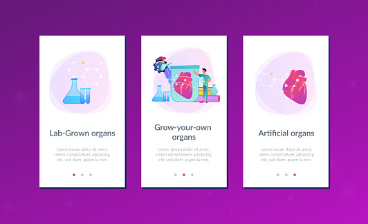 Scientists growing big heart in test tube in laboratory. Lab-grown organs, bioartificial organs and artificial organ concept on white background. Mobile UI UX GUI template, app interface wireframe