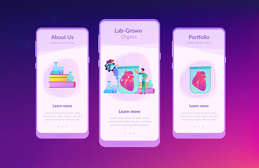 Scientists growing big heart in test tube in laboratory. Lab-grown organs, bioartificial organs and artificial organ concept on white background. Mobile UI UX GUI template, app interface wireframe