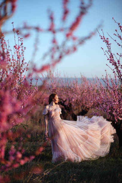 istock Beautiful young girl under the flowering pink tree 1135548624