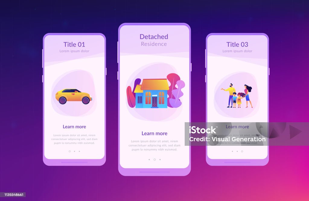 Family house app interface template. Happy parents with children and detached house. Single-family detached home, family house, detached residence and single dwelling unit concept. Mobile UI UX GUI template, app interface wireframe Bright stock vector