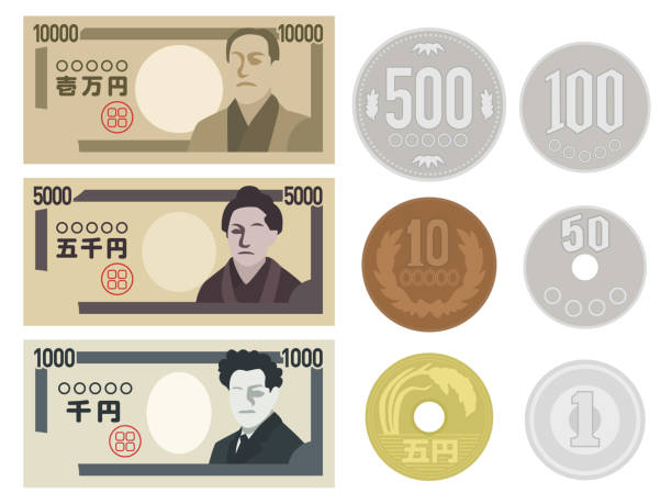 ilustrações, clipart, desenhos animados e ícones de dinheiro - moeda japonesa todas moedas asiaticas