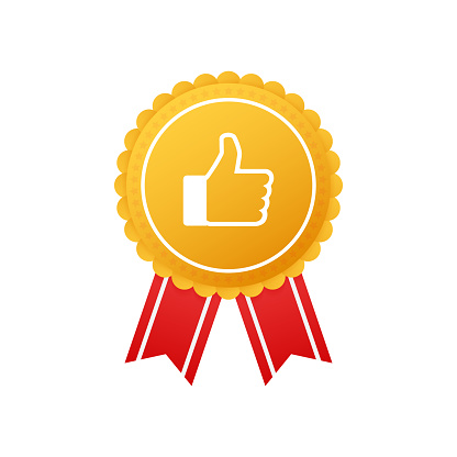 Badge with thumbs up on whine background. Vector stock illustration.