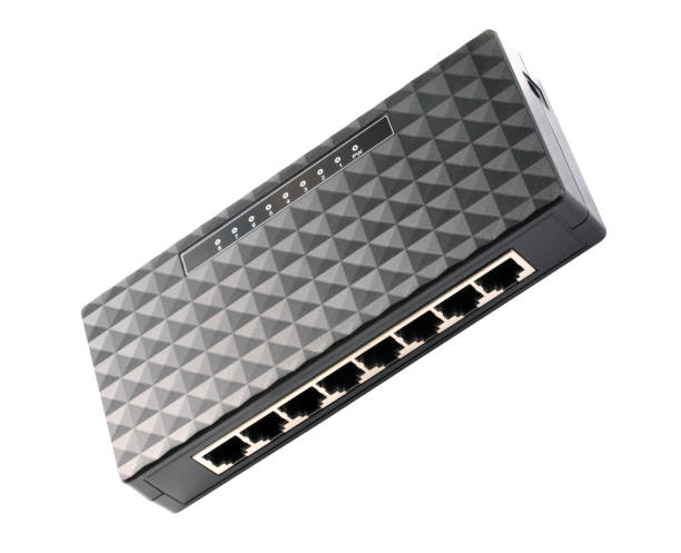 istock black 8 Port Plastic Ethernet Switch isolated on white background at dry day 1135552198