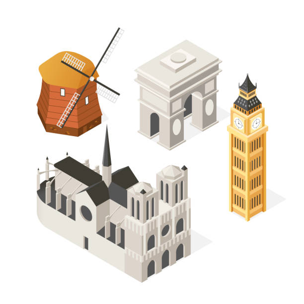 europäische wahrzeichen-farbenfrohe isometrische objekte - big ben isometric london england famous place stock-grafiken, -clipart, -cartoons und -symbole