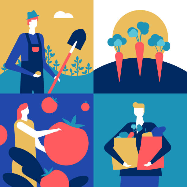 Organic food - flat design style colorful illustration Organic food - flat design style colorful illustration. A composition with male, female characters, farmer with a spade, woman holding a tomato, a boy with shopping bags full of vegetables, carrots eating illustrations stock illustrations