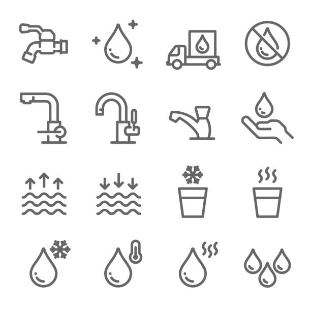 ilustraciones, imágenes clip art, dibujos animados e iconos de stock de set de iconos de agua. contiene iconos tales como grifo, grifo, agua caliente, sin agua, entrega y más. trazo expandido - hot spring