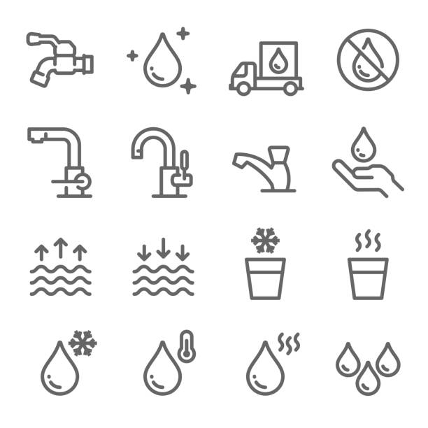 Water Icon Set. Contains such Icons as Tap, Faucet, Hot Water, No Water, Delivery and more. Expanded Stroke