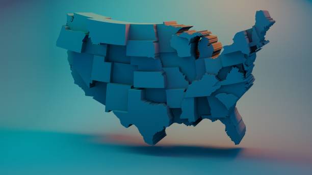 istock 3D USA Map with states in different plane elevations 1135554460