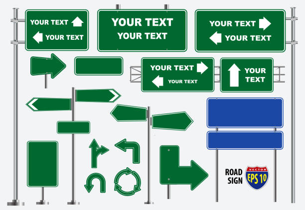 Set of green road signs isolated, for brochure, flyer, cover book and other printing design. Set of green road signs isolated, for brochure, flyer, cover book and other printing design. easy to modify road sign ahead stock illustrations