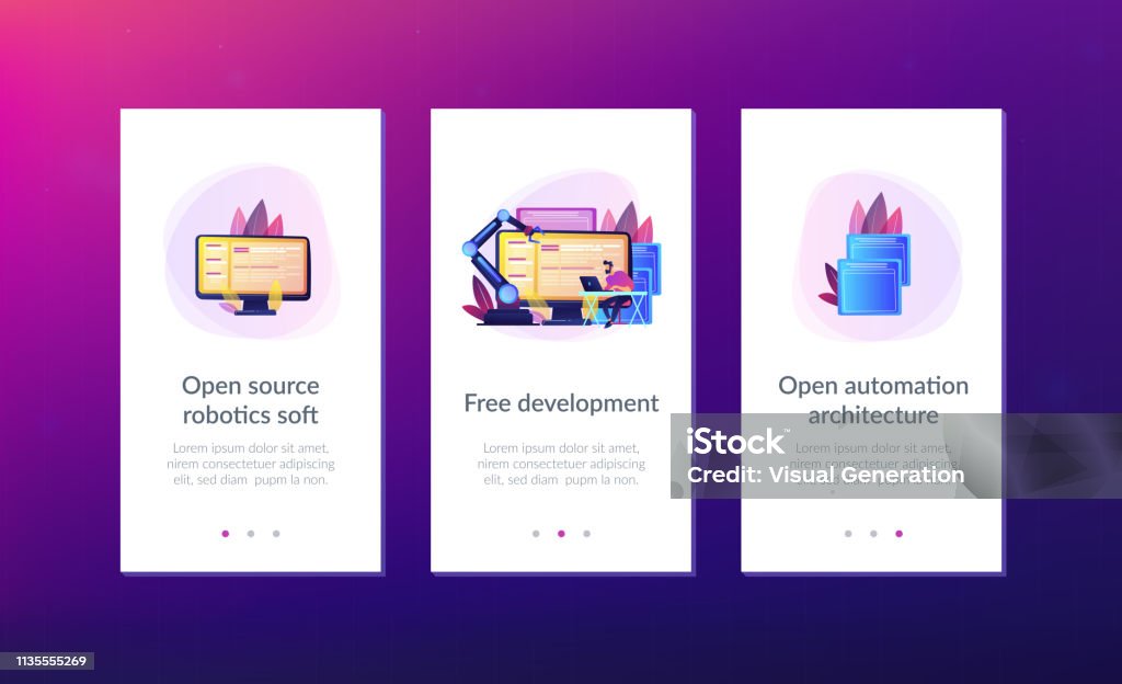 Open automation architecture app interface template. Open automation architecture, open source robotics soft, free development concept. Mobile UI UX GUI template, app interface wireframe Architecture stock vector