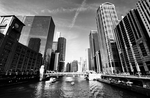 Cityscape on the river, Downtown Chicago. Black And White.