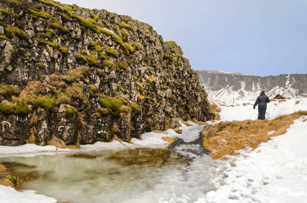 Woman admiring the beautiful winter scenery at Dverghamrer, in Southern Iceland.