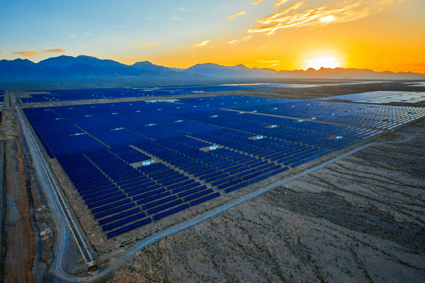 istock Aerial solar photovoltaic panel at sunset 1135562844