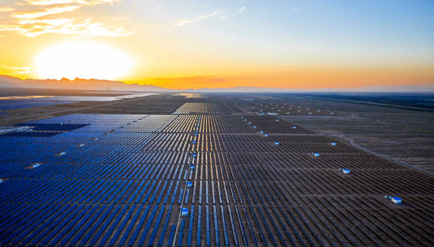 istock Aerial solar photovoltaic panel at sunset 1135562845