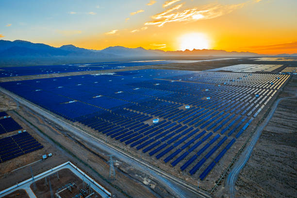istock Aerial solar photovoltaic panel at sunset 1135562847