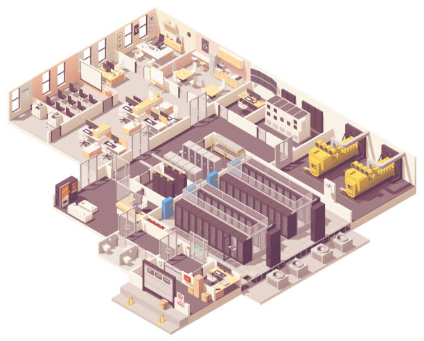 ilustrações, clipart, desenhos animados e ícones de interior isométrico do centro de dados - office isometric built structure inside of