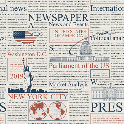 Vector seamless pattern with american newspapers columns. Text on newspaper page is unreadable. US newspaper with blue and red text, repeating newspaper background with headlines and illustrations.