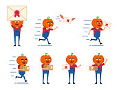 istock Set of halloween pumpkin characters posing with letter and parcel box in various situations. Funny monster holding letter, running and showing other actions 1135563386