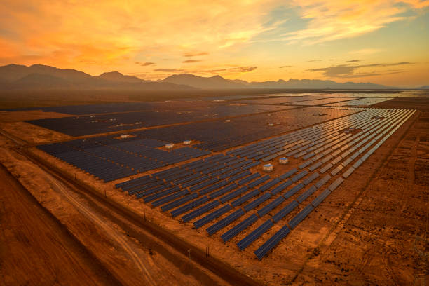 istock Aerial solar photovoltaic panel at sunset 1135563705