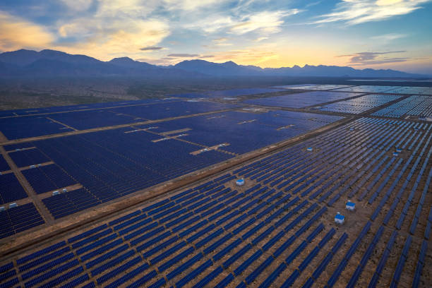 istock Aerial solar photovoltaic panel at sunset 1135563714