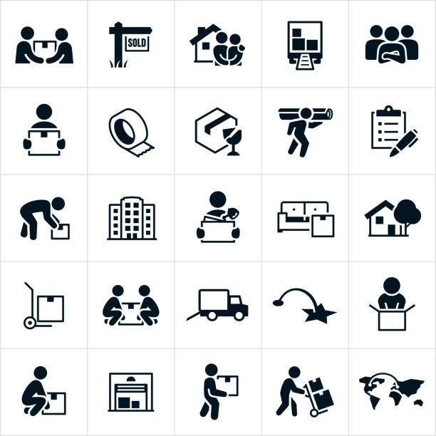 Moving and Relocation Icons A set of icons related to residential and business moves or relocation. The icons include movers, people moving, carrying boxes, new home, moving truck, packing materials, checklist, business, moving office, furniture, dolly, storage unit and other related icons. crewmembers stock illustrations