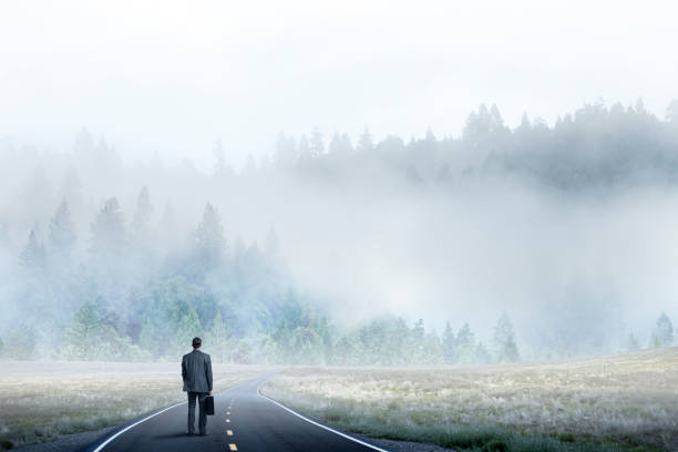 istock Businessman Stands On Long Road Looking Toward Mist Covered Forest 1135568364