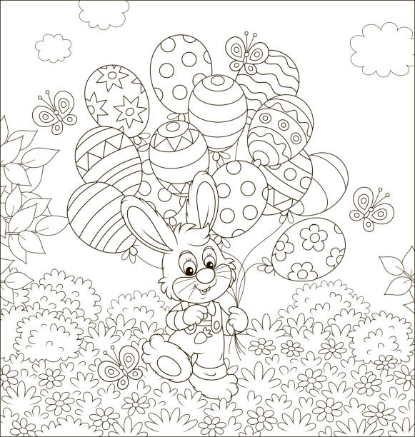 Easter Bunny with decorated balloons Little rabbit and balloons ornate like Easter eggs on a lawn among flowers on a sunny spring day, black and white vector illustration in a cartoon style for a coloring book clip art of balloon outline stock illustrations