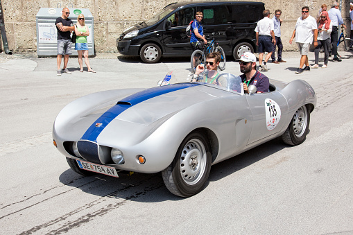 Salzburg / Austria - May 2018. Beautiful rare silver 1955 Arnolt Bristol 404X arriving at the finish in the center of Salzburg during the historic Gaisberg Classic Race. The Gaisberg road became the venue of a car and motorcycle hillclimb race between 1929 and 1969, which was part of the European Hillclimb Championship.