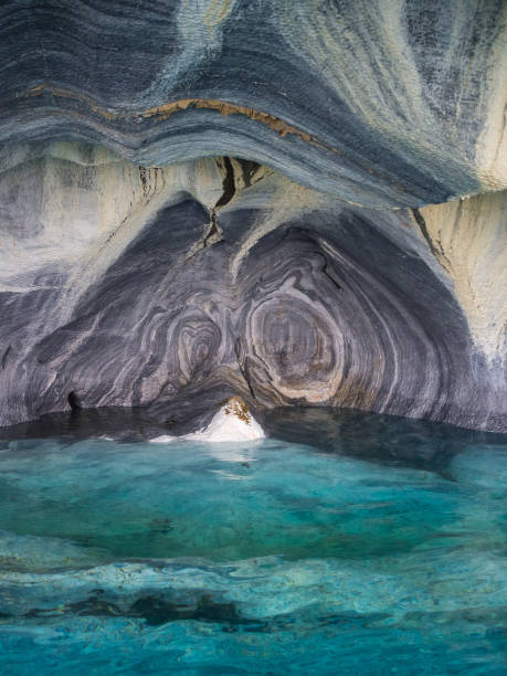 Close up detail of the marble cathedral in Chile. Carretera Austral in Patagonia. Detail of the marble and the colour of the water in Lake General Carrera stock photo