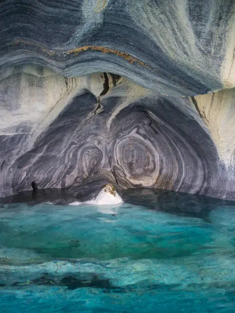 Close up detail of the marble cathedral in Chile. Carretera Austral in Patagonia. Detail of the marble and the colour of the water in Lake General Carrera
