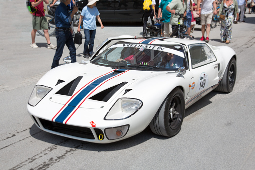 Salzburg / Austria - May 2018. Beautiful 1973 Ford GT Development GT40 arriving at the finish in the center of Salzburg during the historic Gaisberg Classic Race. The Gaisberg road became the venue of a car and motorcycle hillclimb race between 1929 and 1969, which was part of the European Hillclimb Championship.